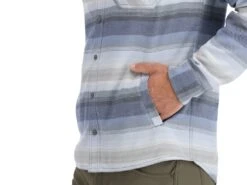 Simms Santee Flannel Hoody -Fishing Store simms navy storm steelbluestripe santeeflannelhoody modelpocket 50 99 sim 10025n